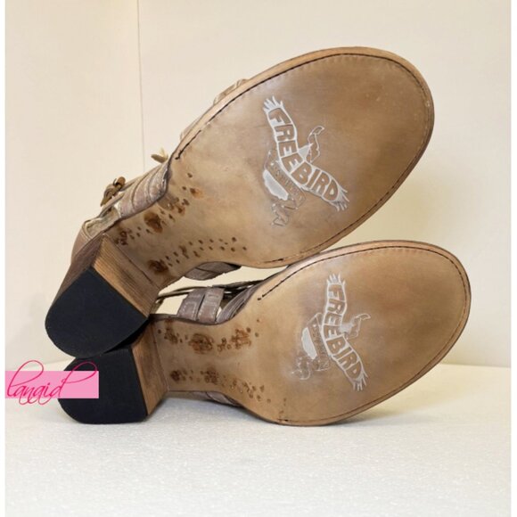 Freebird Claw Taupe Strappy Leather Distressed Heeled Sandals Tan Booties Edgy - Picture 11 of 14